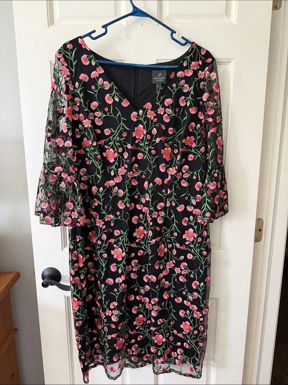 Adrianna Papell Black Mesh Dress with Pink and Green Floral Embroidery